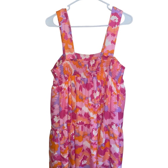 NWT Adrienne Multi Color Orange and Pink Tie Dye Tiered Dress w square neck Flow - Picture 5 of 5